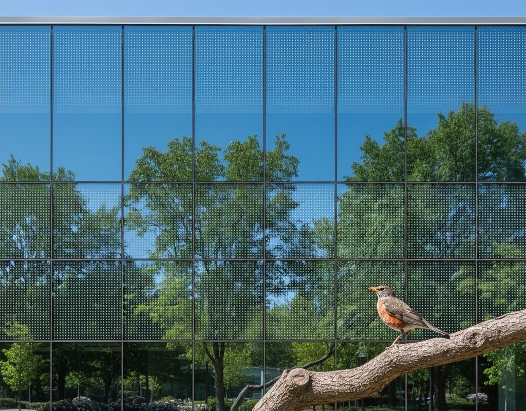 Glass-walled corporate building elevation with bird-safe glass visual marker pattern protecting migratory birds