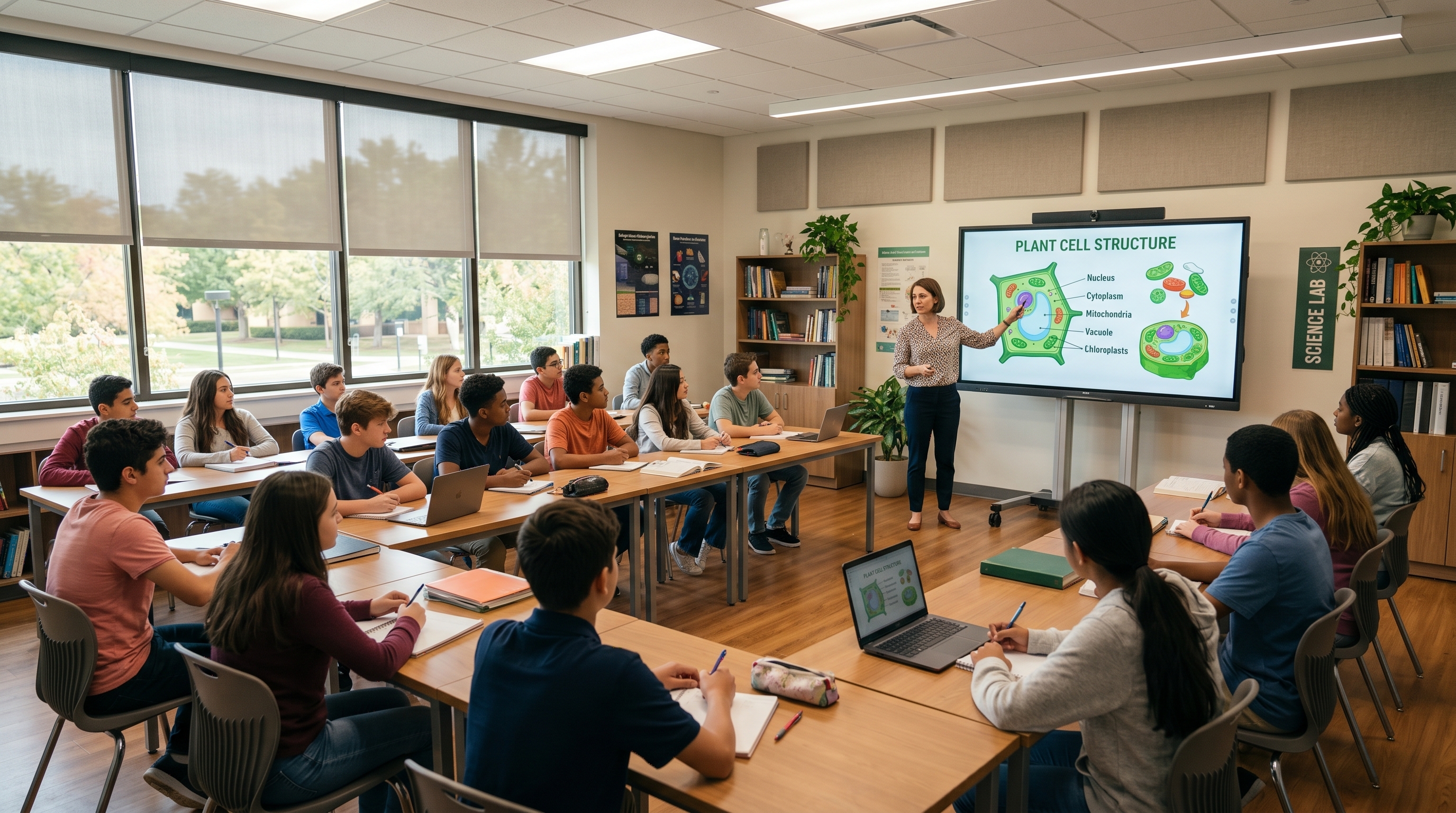 Classroom with reduced glare and improved screen visibility using window film.