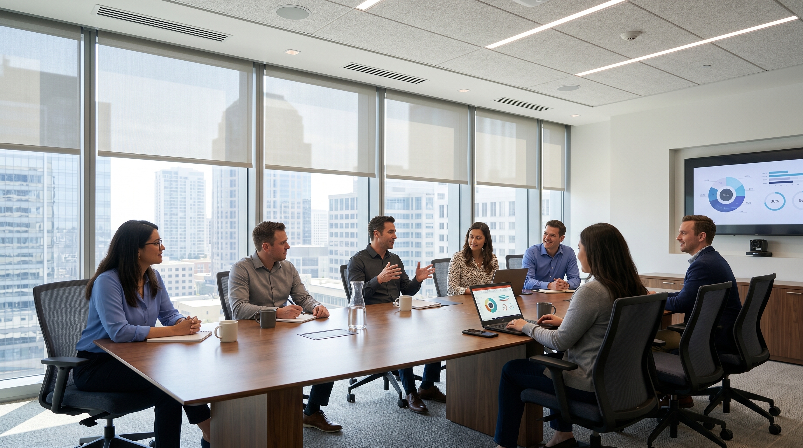 Conference room benefiting from glare reduction, heat control, and improved comfort with commercial window film installed.