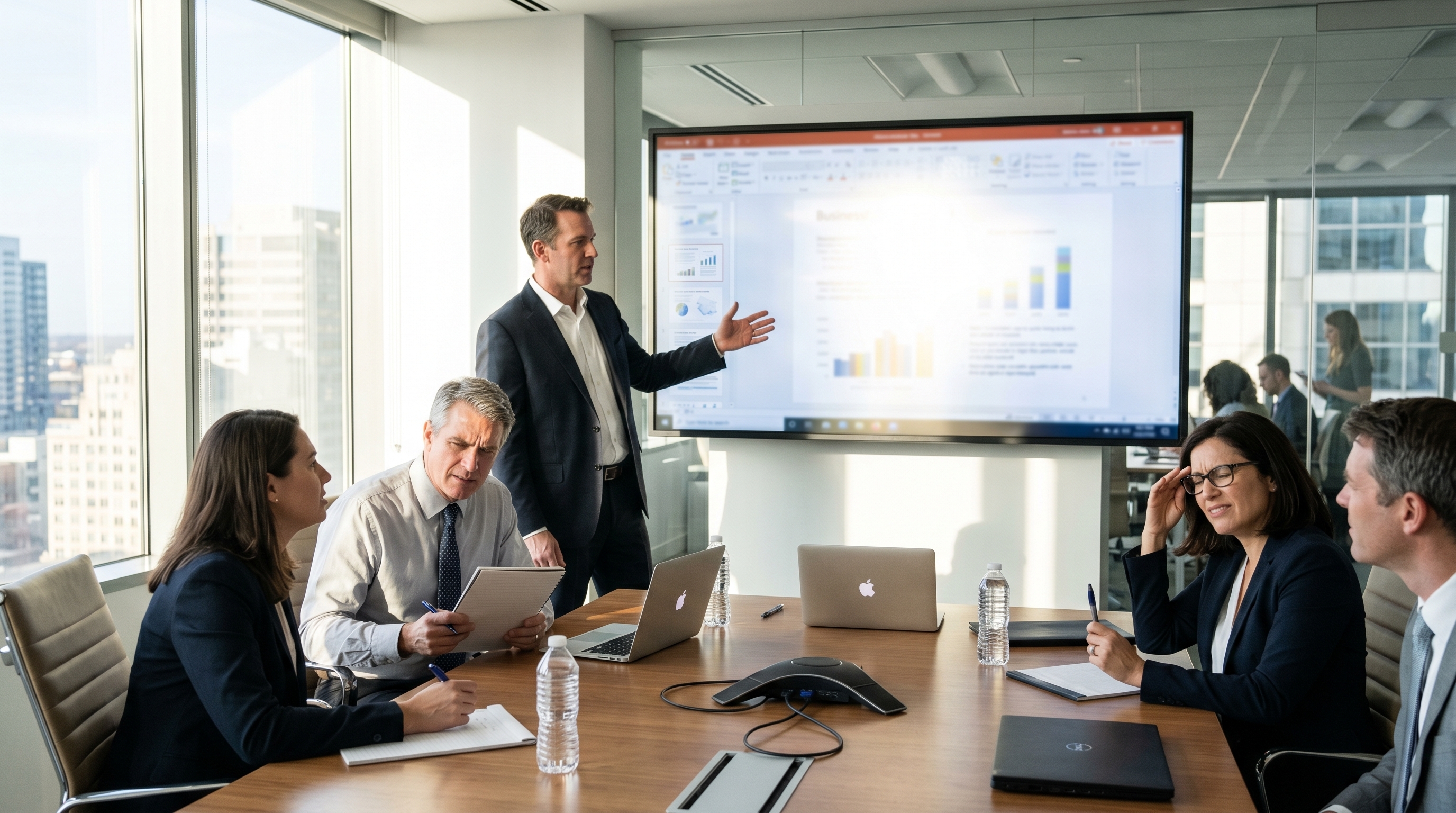 Natural sunlight creating glare on a conference room presentation screen during a meeting