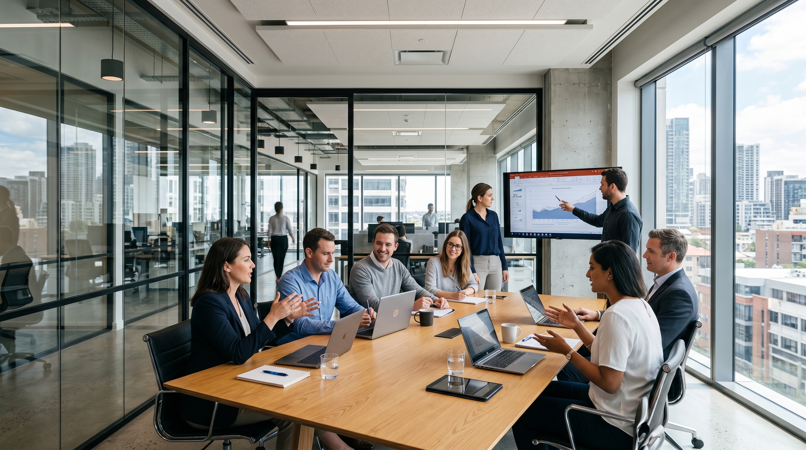 Modern conference room with large windows and glass walls designed to maximize natural daylight