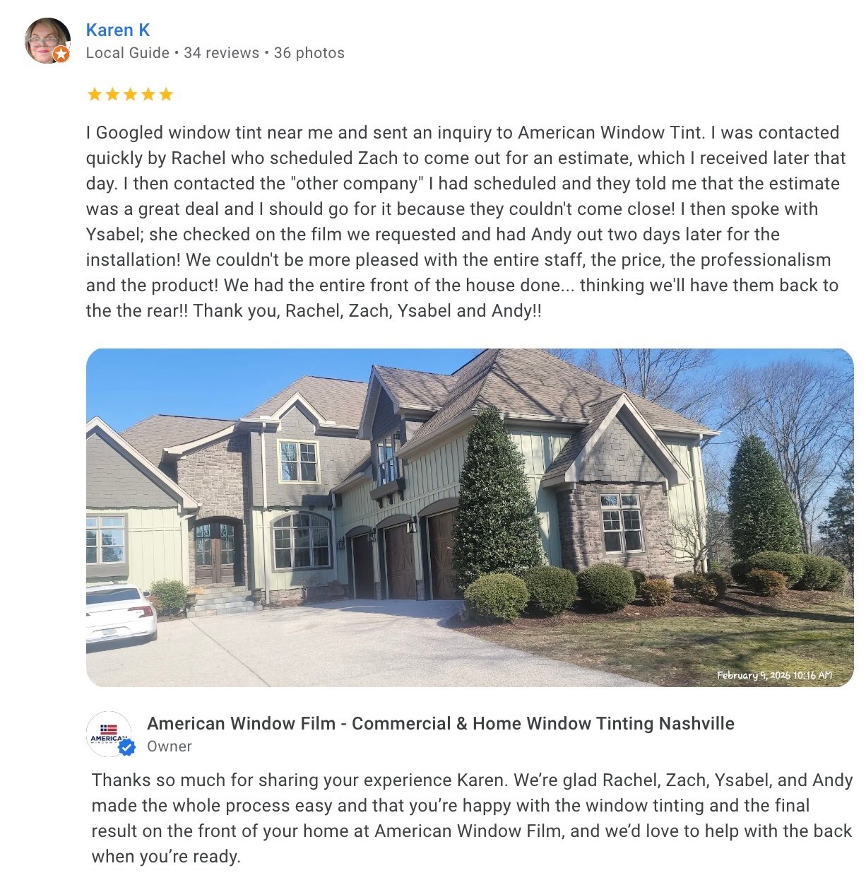 Home Window Tinting Nashville, TN Google Review