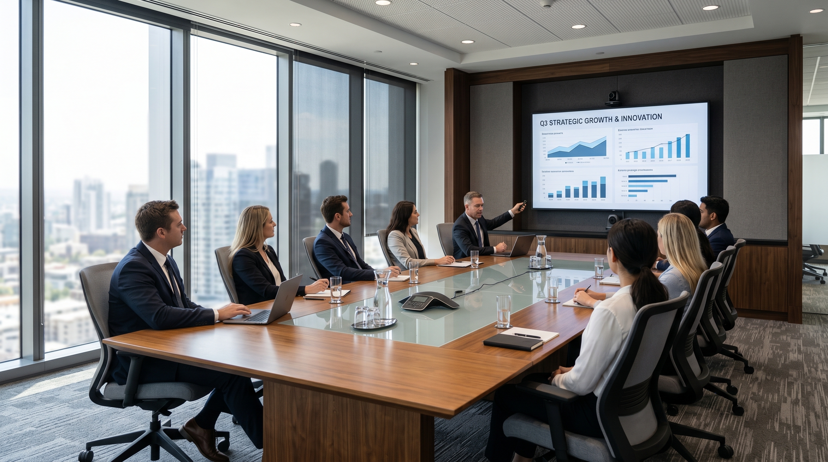 Conference room with solar control window film improving screen visibility and reducing glare during presentations