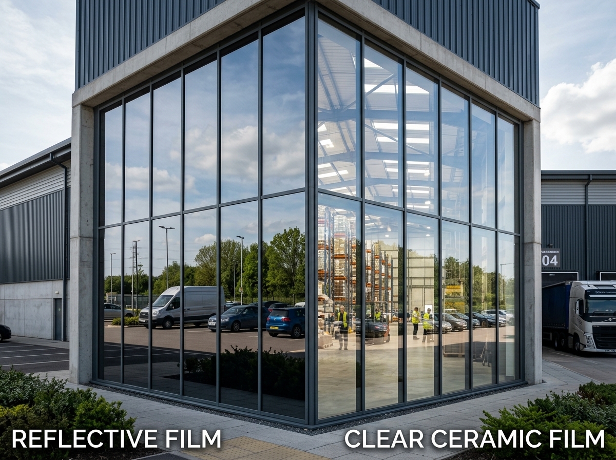 Split view comparing ceramic and reflective window film installed on a warehouse glass facade
