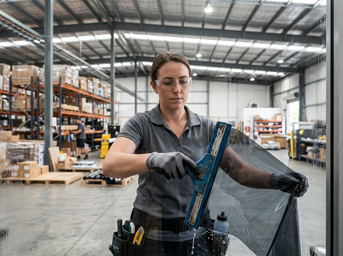 Professional technician applying commercial window film to oversized warehouse glass pane with squeegee