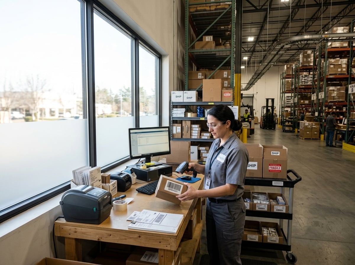 Warehouse pick-and-pack station with reduced glare after window film installation on nearby glass panels