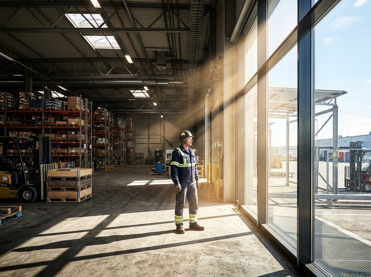 Warehouse worker near sun-drenched glass wall experiencing heat buildup from unfilmed windows